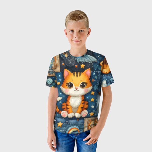 Детская футболка 3D с принтом Прикольный котейка - пэчворк нейросеть, фото на моделе #1