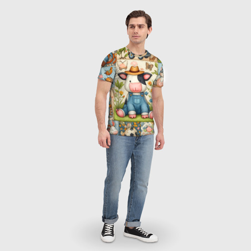 Мужская футболка 3D Прикольный телёнок и его друзья - пэчворк, цвет 3D печать - фото 5
