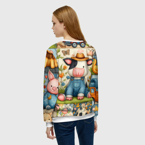 Женский свитшот 3D Прикольный телёнок и его друзья - пэчворк, цвет 3D печать - фото 4