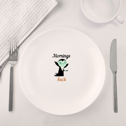Набор: тарелка кружка с принтом Вампир с чашкой кофе для любого человека, вид спереди №4. Цвет основы: белый
