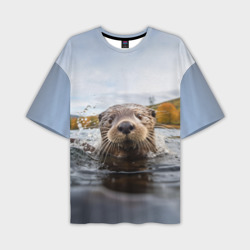 Мужская футболка oversize 3D Выдра смотрит из воды