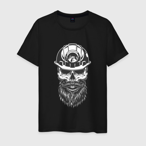 Мужская футболка хлопок Череп в шахтерской каске, цвет черный