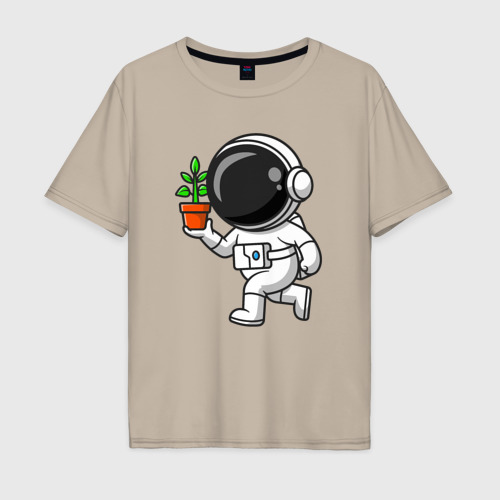 Мужская футболка хлопок Oversize Космонавт флорист, цвет миндальный