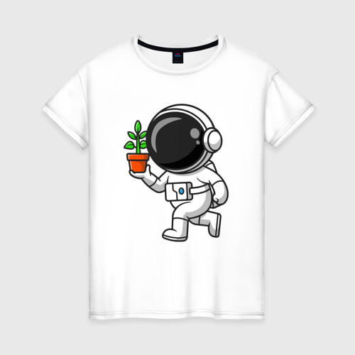 Женская футболка из хлопка с принтом Космонавт флорист, вид спереди №1