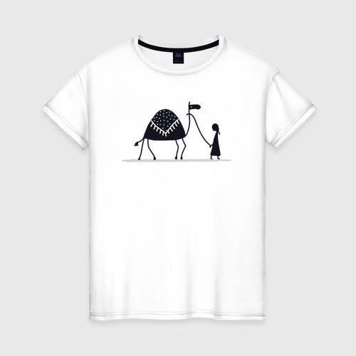 Женская футболка из хлопка с принтом Верблюд и путник, вид спереди №1