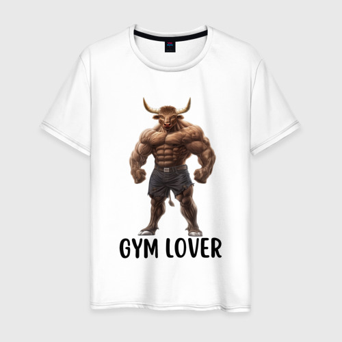 Мужская футболка из хлопка с принтом Фитнес тренер бык - любовь к тренажерам, вид спереди №1