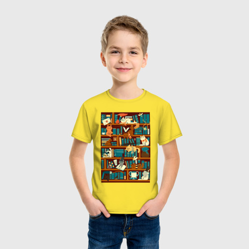 Детская футболка хлопок Коты на книжной полке, цвет желтый - фото 3