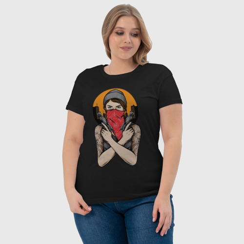 Женская футболка хлопок Девушка с пистолетами, цвет черный - фото 6