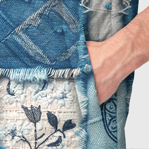 Мужской жилет утепленный 3D Цветы заплатки на джинсе - пэчворк трикотаж, цвет светло-серый - фото 6