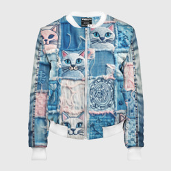 Женский бомбер 3D Кошки на пэчворк джинсах паттерн