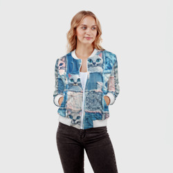 Женский бомбер 3D Кошки на пэчворк джинсах паттерн - фото 2