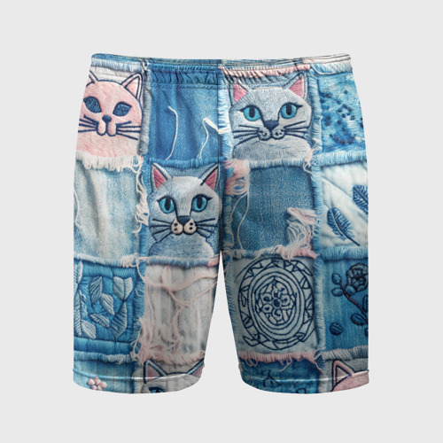 Мужские шорты спортивные Кошки на пэчворк джинсах паттерн, цвет 3D печать