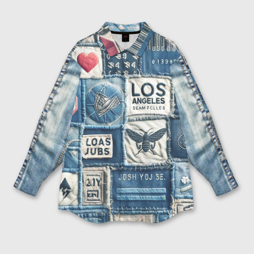 Мужская рубашка oversize 3D с принтом Лос Анджелес на джинсах-пэчворк, вид спереди #2