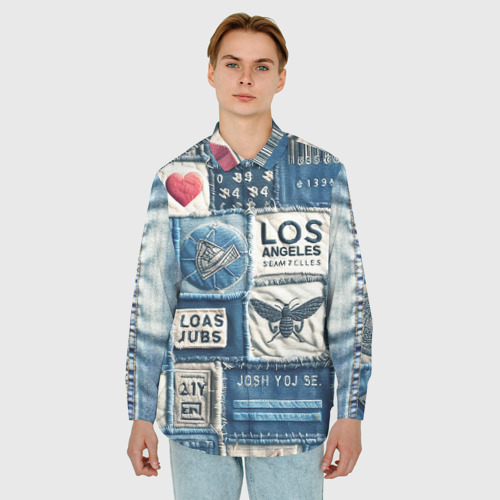 Мужская рубашка oversize 3D с принтом Лос Анджелес на джинсах-пэчворк, фото на моделе #1