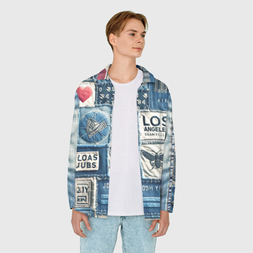 Мужская рубашка oversize 3D с принтом Лос Анджелес на джинсах-пэчворк, вид сбоку #3