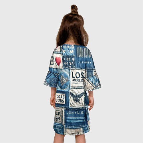 Детское платье 3D с принтом Лос Анджелес на джинсах-пэчворк, вид сзади #2