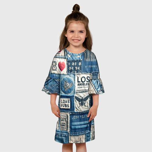 Детское платье 3D с принтом Лос Анджелес на джинсах-пэчворк, вид сбоку #3