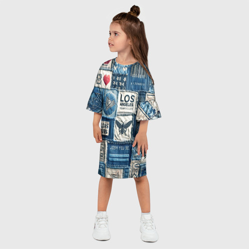 Детское платье 3D с принтом Лос Анджелес на джинсах-пэчворк, фото на моделе #1