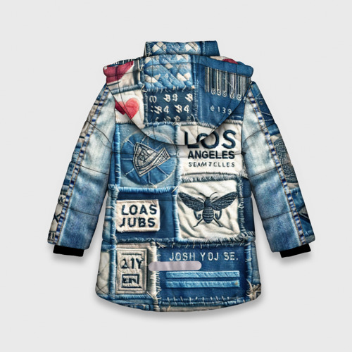 Зимняя куртка для девочек 3D с принтом Лос Анджелес на джинсах-пэчворк, вид сзади #1