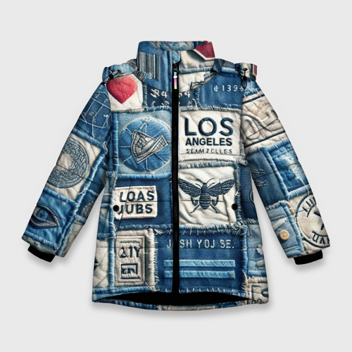 Зимняя куртка для девочек 3D с принтом Лос Анджелес на джинсах-пэчворк, вид спереди #2