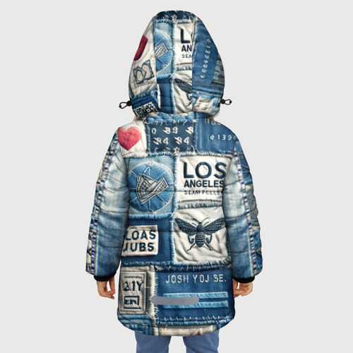 Зимняя куртка для девочек 3D с принтом Лос Анджелес на джинсах-пэчворк, вид сзади #2