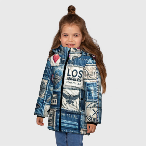 Зимняя куртка для девочек 3D с принтом Лос Анджелес на джинсах-пэчворк, фото на моделе #1