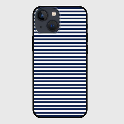 Чехол для iPhone 13 mini с принтом Белый в тёмно-синюю полоску, вид спереди №1
