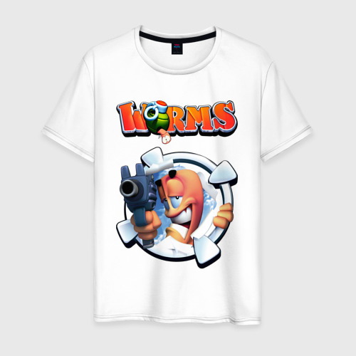 Мужская футболка из хлопка с принтом Worms uzi, вид спереди №1