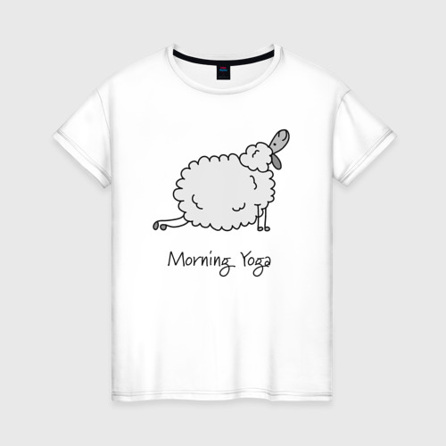 Женская футболка из хлопка с принтом Йога утром, вид спереди №1