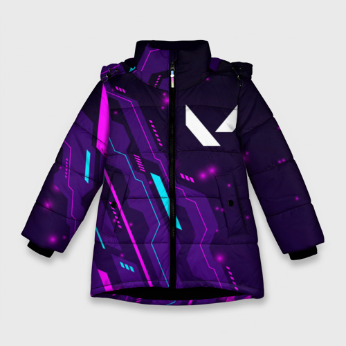 Зимняя куртка для девочек 3D с принтом Valorant neon gaming, вид спереди #2