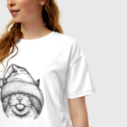 Женская футболка хлопок Oversize Кот в новогодней шапке - фото 2
