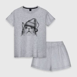 Женская пижама с шортиками хлопок Кот-мем в шоке от Нового года