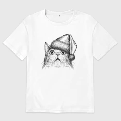 Женская футболка хлопок Oversize Кот-мем в шоке от Нового года