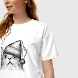 Женская футболка хлопок Oversize Кот-мем в шоке от Нового года - фото 2