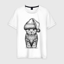 Мужская футболка хлопок Новогодний котенок анфас