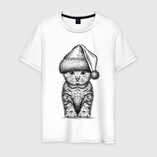 Мужская футболка из хлопка с принтом Новогодний котенок анфас, вид спереди №1