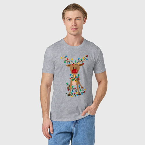 Мужская футболка хлопок Олень с гирляндой, цвет меланж - фото 3