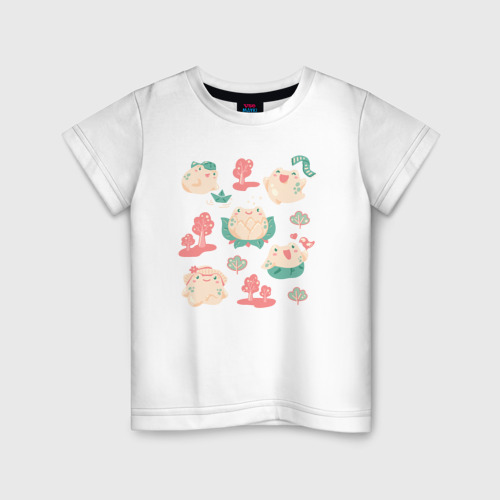 Детская футболка из хлопка с принтом Веселые лягушки на природе, вид спереди №1