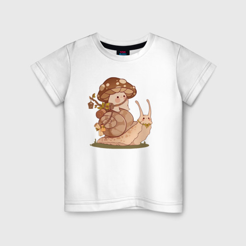 Детская футболка из хлопка с принтом Грибочек путешествует на улитке, вид спереди №1