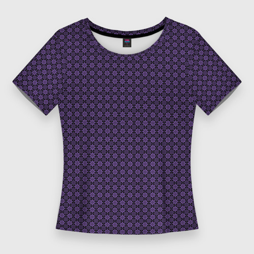 Женская приталенная футболка с принтом Чёрно-сиреневый узоры, вид спереди №1