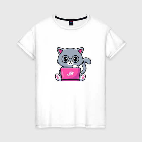Женская футболка из хлопка с принтом Кошка программист, вид спереди №1