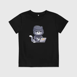 Детская футболка хлопок Серый кот хакер