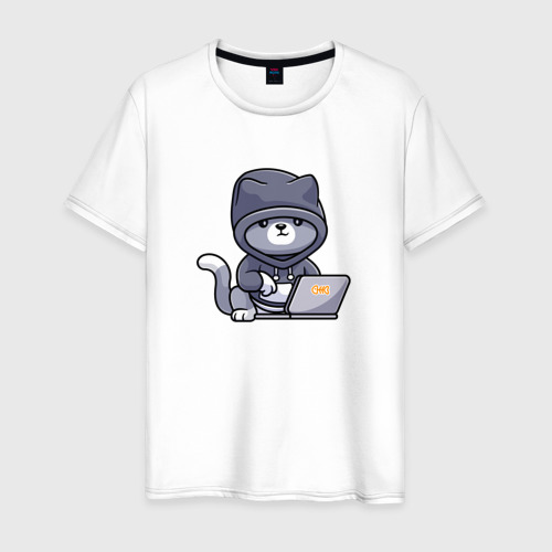 Мужская футболка из хлопка с принтом Серый кот хакер, вид спереди №1