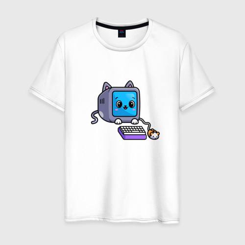 Мужская футболка из хлопка с принтом Компьютерный кот и мышь, вид спереди №1