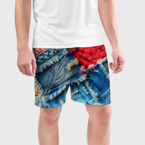 Мужские шорты спортивные Авангардный джинсовый пэчворк - нейросеть, цвет 3D печать - фото 3