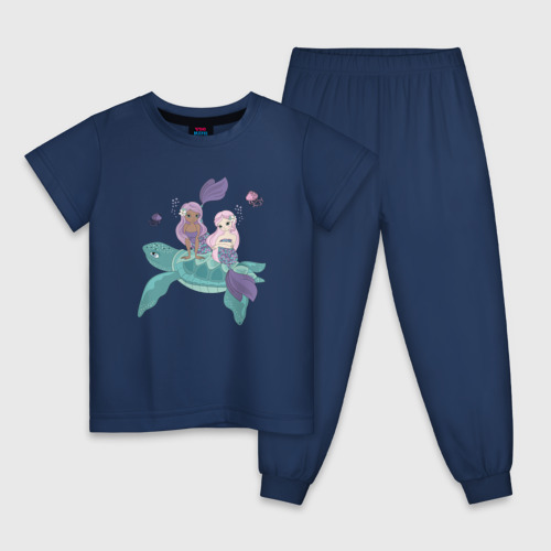 Детская пижама хлопок Русалочки и черепаха, цвет темно-синий