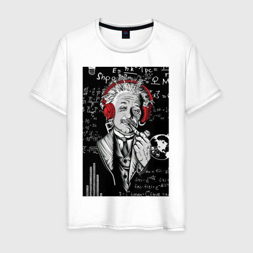Мужская футболка из хлопка с принтом Альберт Эйнштейн курит трубку, вид спереди №1