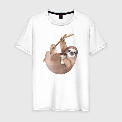 Мужская футболка из хлопка с принтом Ленивец с кофе на веточке, вид спереди №1