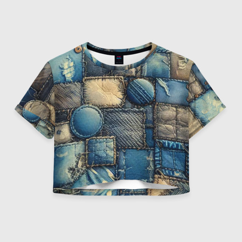 Женская футболка Crop-top 3D Denim patchwork - ai art, цвет 3D печать