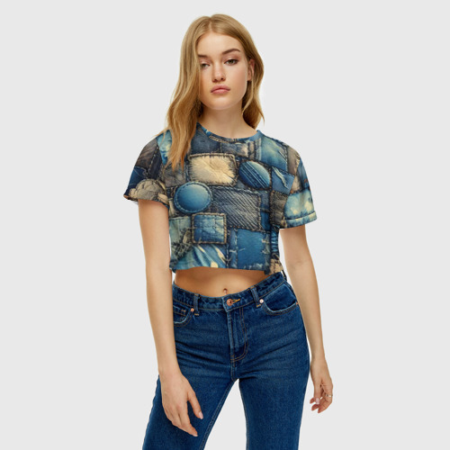 Женская футболка Crop-top 3D Denim patchwork - ai art, цвет 3D печать - фото 3